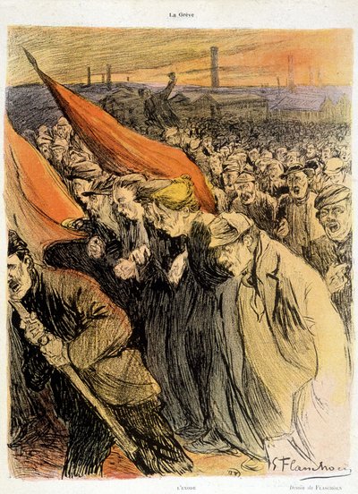 Foule courbée avec des drapeaux rouges, "La Grève" par Flaschoën, début 20e s. - Gustave Flasschoen