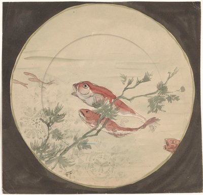 Conception pour une assiette avec des poissons rouges nageant vers le haut - Gustave Fraipont (signed by artist)