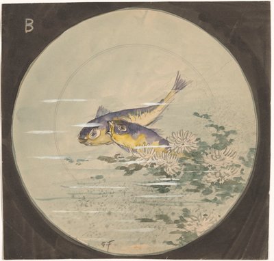 Conception pour une assiette avec deux poissons bleu-jaune près des nénuphars - Gustave Fraipont (signed by artist)
