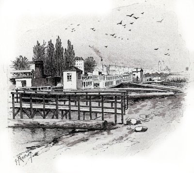 Atelier de réparation des bateaux omnibus (Bateau-bus) à Paris. Dessin de Gustave Fraipont (1849-1923) tiré de « La Seine à travers Paris » par Saint-Juirs - Gustave Fraipont