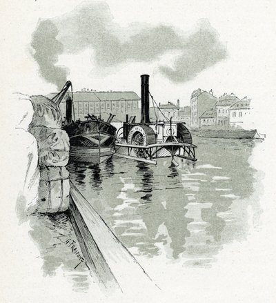 Bateaux amarrés dans le port de La Villette, Paris Dessin de Gustave Fraipont (1849-1923) tiré de « La Seine à travers Paris » par Saint-Juirs - Gustave Fraipont