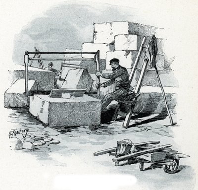 Chantier de pierres de taille du quai de Valmy, Paris. Dessin de Gustave Fraipont (1849-1923) tiré de « La Seine à travers Paris » par Saint-Juirs - Gustave Fraipont