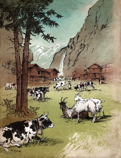 Ferme et paysage dans les Alpes suisses, vers 1910 (illustration) - Gustave Fraipont