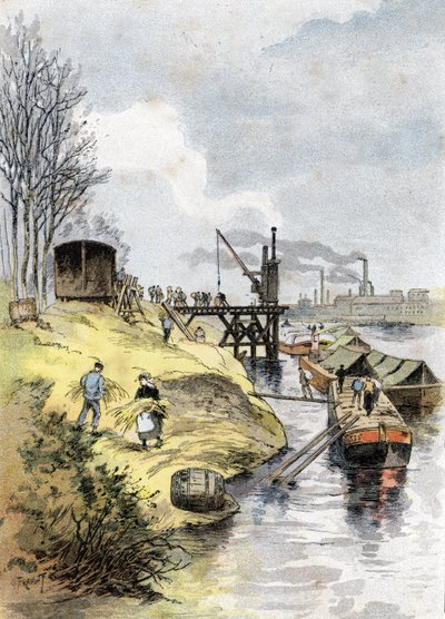 Le chargement des pommes dans les wagons, quai de Bercy, Paris Dessin de Gustave Fraipont (1849-1923) tiré de « La Seine à travers Paris » par Saint-Juirs - Gustave Fraipont