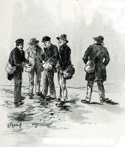 Les marchands de bouts de cigare dans le quartier Maubert, Paris. Dessin de Gustave Fraipont (1849-1923) d