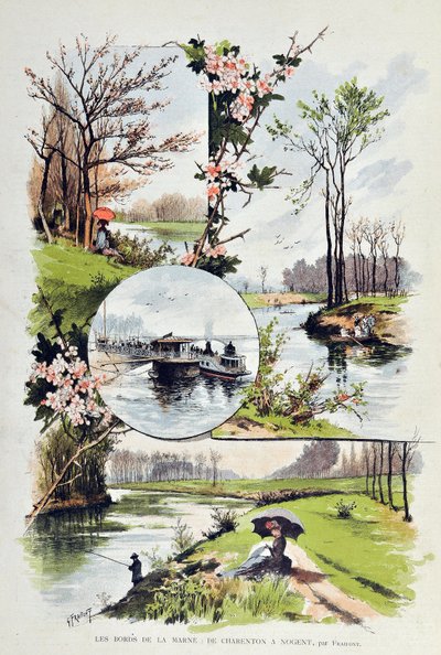 Le bord de la Marne : de Charenton à Nogent en 1887. Illustration de Gustave Fraipont (1849-1923) Gravure de 1887 dans "Paris-Illustre journal hebdomadaire". - Gustave Fraipont