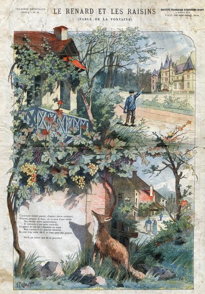 Le renard et les raisins. Fables de Jean de La Fontaine (1621-95). Illustration de Gustave Fraipont (1849-1923). Collection privée. - Gustave Fraipont