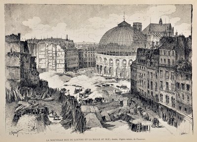 La nouvelle Rue du Louvre et la Halle au Blé à Paris en 1887. Illustration de Gustave Fraipont (1849 - 1923). Gravure de 1887 dans "Paris-Illustré". - Gustave Fraipont