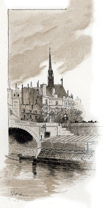 Vue de la Sainte-Chapelle depuis le pont Saint-Michel, Paris. Dessin de Gustave Fraipont (1849-1923) tiré de « La Seine à travers Paris » par Saint-Juirs - Gustave Fraipont