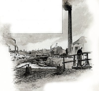 Vue du lit asséché du canal Saint-Martin pendant la période de nettoyage. Dessin de Gustave Fraipont (1849-1923) d