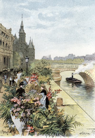 Vue du marché aux fleurs, Île de la Cité, Paris Dessin de Gustave Fraipont (1849-1923) de Saint-Juirs - Gustave Fraipont