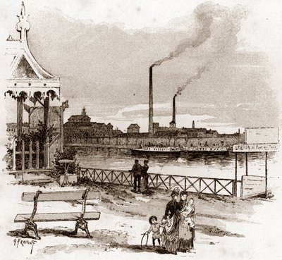 Vue du quai de Javel à Paris, actuel quai André-Citroën Dessin de Gustave Fraipont (1849-1923) tiré de « La Seine à travers Paris » par Saint-Juirs - Gustave Fraipont