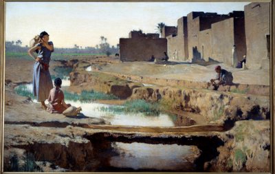 Orientalisme : La Seguia près de Biskra Femme et enfant prenant de l