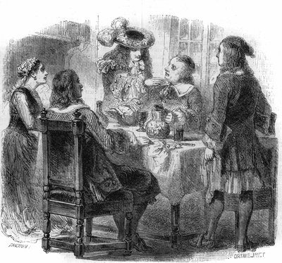Le tsar russe Pierre le Grand (1672-1725), hébergé en France chez la famille Kalf, observe la discussion entre son hôte et un ivrogne, le marquis de Bernardini. Gravure de Gustave Janet - Gustave Janet