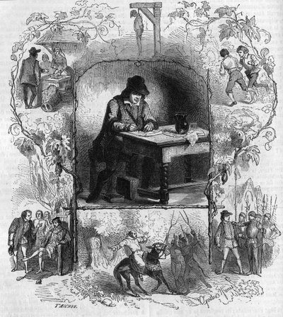 Le poète François Villon (1431-1463) écrivant son testament entouré de différents épisodes de sa vie. Gravure de Gustave Janet - Gustave Janet