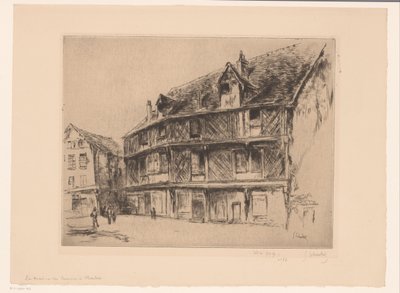 Rue avec maisons et promeneurs à Chartres (La maison du saumon) - Gustave Leheutre (signed by artist)