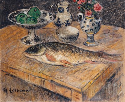 Nature morte aux poissons, fleurs et pommes - Gustave Loiseau