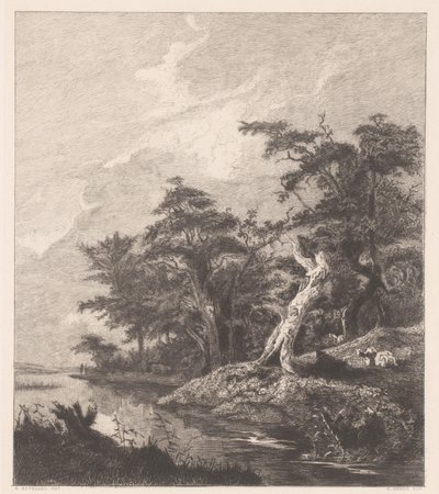 Paysage fluvial avec berger se reposant près d