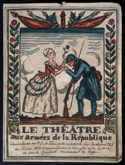 Théâtre pour les armées de la République, soldat français embrassant la main d