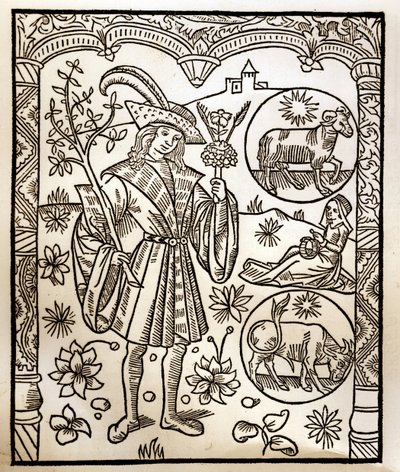Calendrier des bergers - Les travaux des mois - Avril - Gravure sur bois du livre de 1496 imprimé par Guy Marchant (Guido Mercator) à Troyes - Gravure sur bois dans 