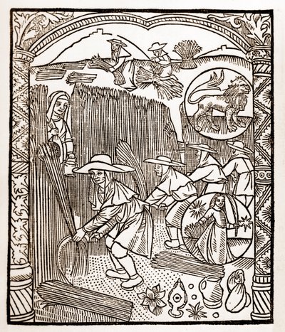 Calendrier des bergers - Les travaux des mois - Août - Gravure sur bois du livre de 1496 imprimé par Guy Marchant (Guido Mercator) à Troyes - Gravure sur bois dans « Le grand Calendrier et compost des bergers » - Guy Marchant