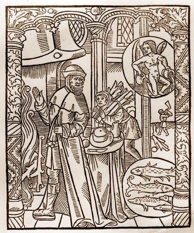 Calendrier du berger - Les Travaux des Mois - Février - Gravure sur bois du livre de 1496 imprimé par Guy Marchant (Guido Mercator) à Troyes - Gravure sur bois dans « Le grand Calendrier et compost des bergers » - Guy Marchant