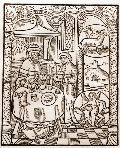Calendrier des bergers - Les travaux des mois - Janvier - Gravure sur bois du livre de 1496 imprimé par Guy Marchant à Troyes - Gravure sur bois dans 