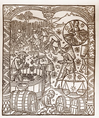 Calendrier du berger - Les travaux des mois - Octobre - Gravure sur bois du livre de 1496 imprimé par Guy Marchant (Guido Mercator) à Troyes - Gravure sur bois dans « Le grand Calendrier et compost des bergers » - La récolte - et les signes du zodiaque - Guy Marchant