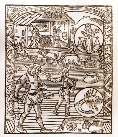 Calendrier des bergers - Les travaux des mois - Septembre - Gravure sur bois du livre de 1496 imprimé par Guy Marchant (Guido Mercator) à Troyes - Au premier plan, des paysans sèment à la volée - Gravure sur bois dans 