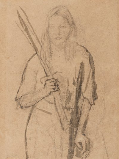 Fille debout avec un poteau en bois à la main - Gwen John