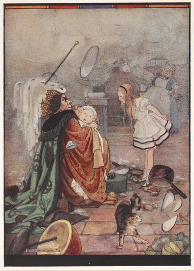 Une scène de cuisine chaotique avec la Duchesse portant un cochon habillé en bébé parlant à Alice tandis que le Cuisinier jette des ustensiles. - Gwynedd M. Hudson