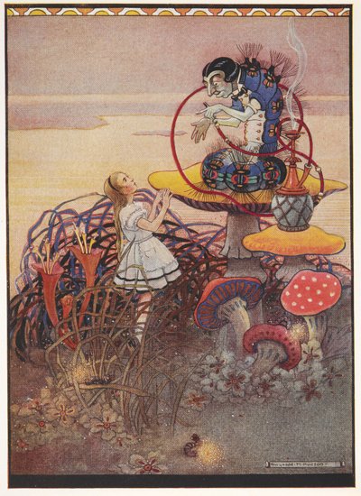 Alice parlant à la chenille bleue qui est assise sur un champignon géant, fumant une pipe - Gwynedd M. Hudson