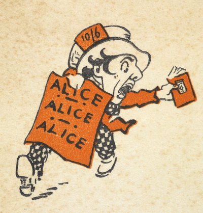 Illustration du Chapelier fou courant avec un livre et une pancarte disant 