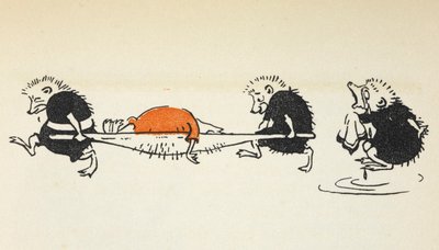 Illustration de deux hérissons portant un joueur de croquet blessé suivi par un autre hérisson pleurant. - Gwynedd M. Hudson