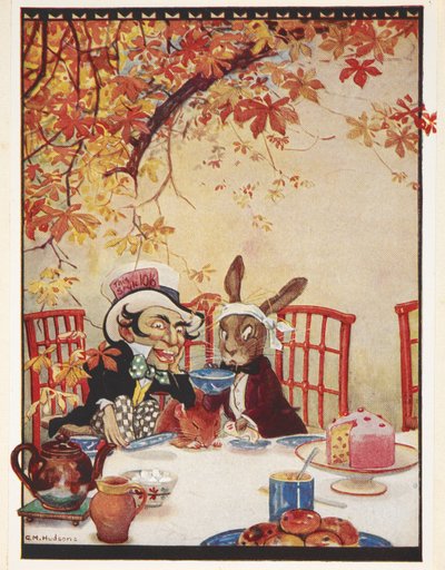 Le thé du Chapelier fou. Le Chapelier fou buvant du thé et mangeant du gâteau avec le Lièvre de Mars et le Loir. - Gwynedd M. Hudson