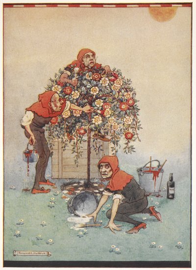 Les jardiniers de la Reine de Cœur peignant les roses du blanc au rouge d