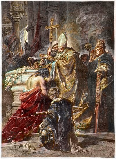 Le baptême de Saint Étienne (c970-1038), saint et premier roi de Hongrie - baptisé par saint Adalbert de Prague D