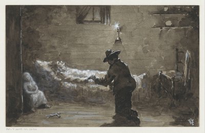 Homme agenouillé près du lit d