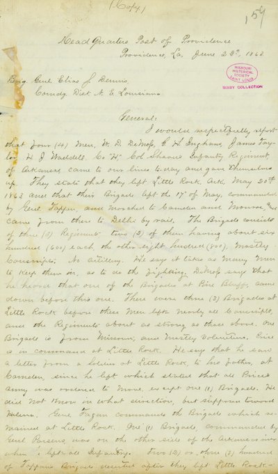 Lettre de H. T. Reid, quartier général, Poste de Providence, Louisiane, au Brigadier Général Elias S. Dennis, 22 juin 1863 - H.T. Reid
