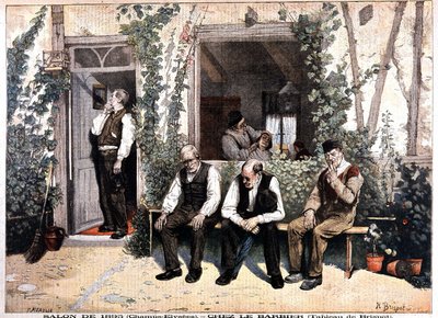 Chez le barbier. Lithographie d