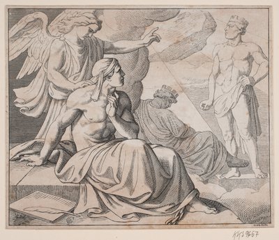 Feuille allégorique. Un ange pose la main sur l
