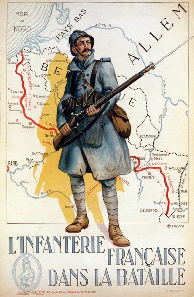 Infanterie française au combat (la ligne rouge représente la ligne Hindenburg) - ill. par H. Delaspre - H. Delaspre