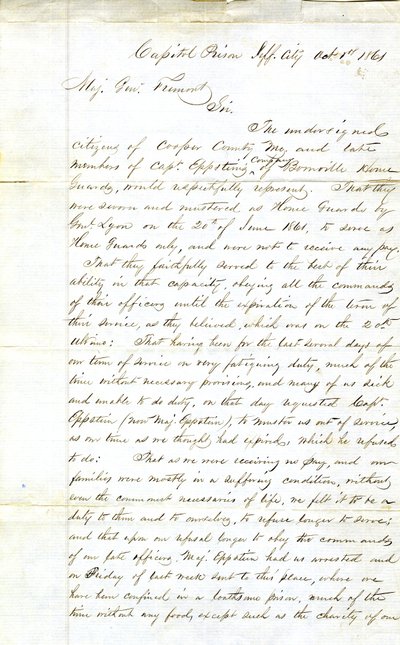 Appel des membres de la Compagnie du Capitaine Eppstein, Boonville Home Guards, Prison du Capitole, Jefferson City, au Major Général Fremont, 1 octobre 1861 - H. L. Hoefer