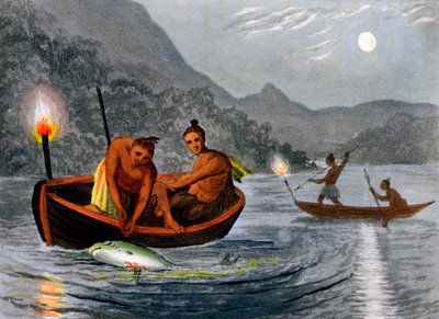 Amérindiens pêchant à la torche en Amérique du Nord, 1813 - H Merke