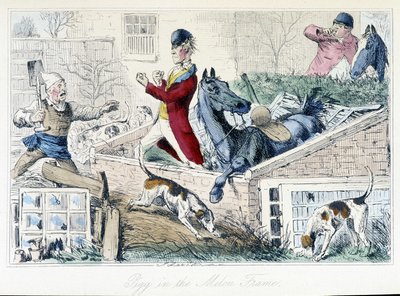 Combat entre un fermier et un chasseur. Caricature anglaise sur la chasse au renard des "aventures de Thomas Scott ou Hawbuck Grange", illustration par H.K. Browne et W.T. Maud - Hablot Knight Browne