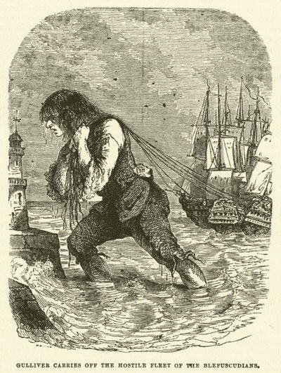 Gulliver emporte la flotte hostile des Blefuscudiens (gravure) - after Hablot Knight Browne
