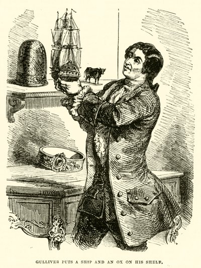 Gulliver met un navire et un bœuf sur son étagère (gravure) - after Hablot Knight Browne