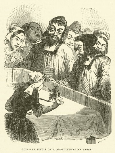 Gulliver parade sur une table brobdingnagienne (gravure) - after Hablot Knight Browne