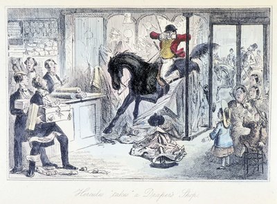 Chasseur de chevaux entrant accidentellement dans un magasin de tissus. Caricature anglaise sur la chasse tirée de « aventures de Thomas Scott ou Hawbuck Grange » illustration par H.K. Browne et W.T. Maud. - Hablot Knight Browne