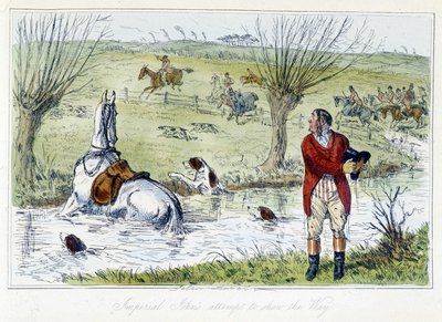 Chasseur et son cheval tombant dans une cour d